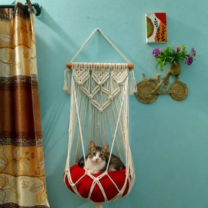 Macrame cat hanging swing with cushion